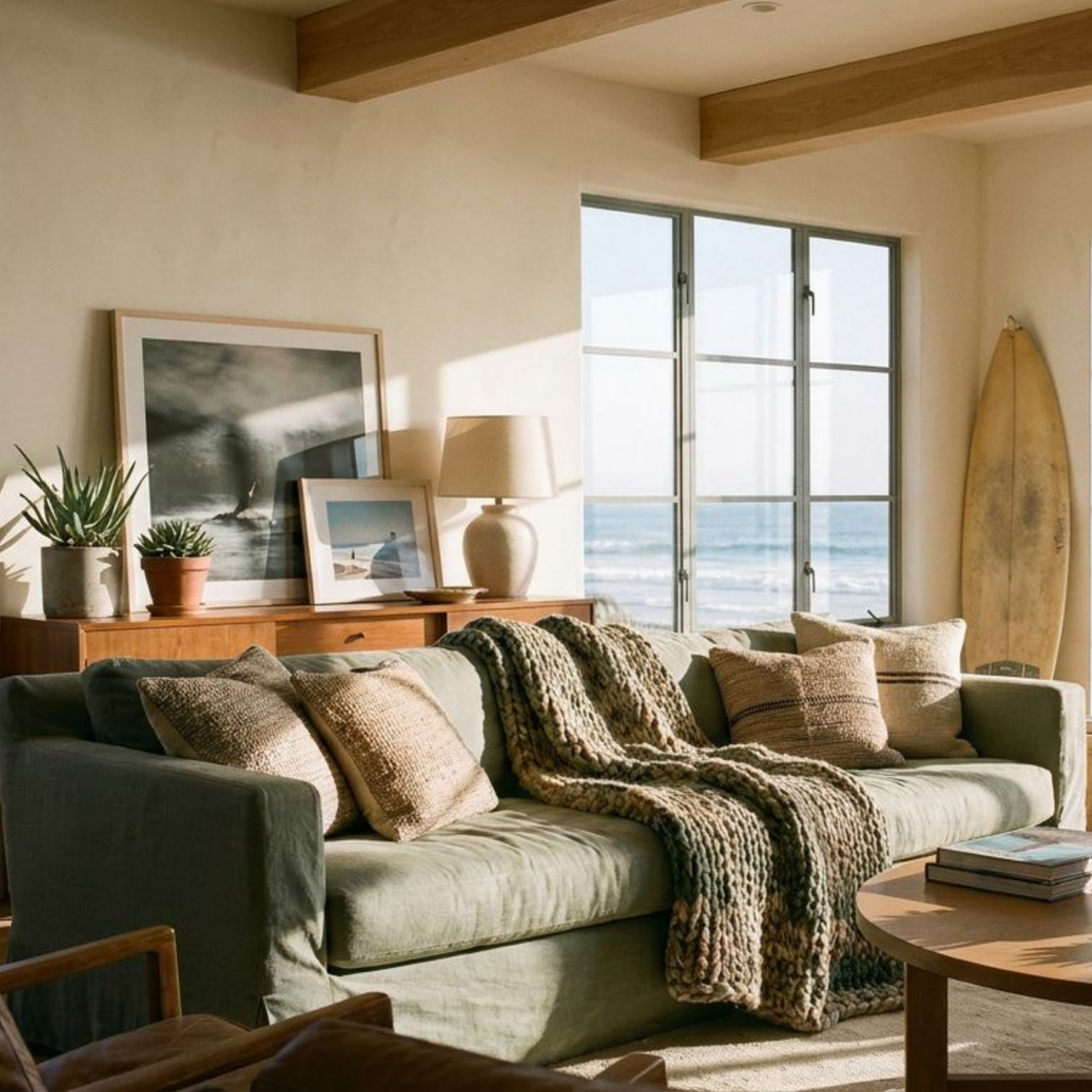 Modern coastal living room with natural wood, linen furnishings and ocean-inspired decor.