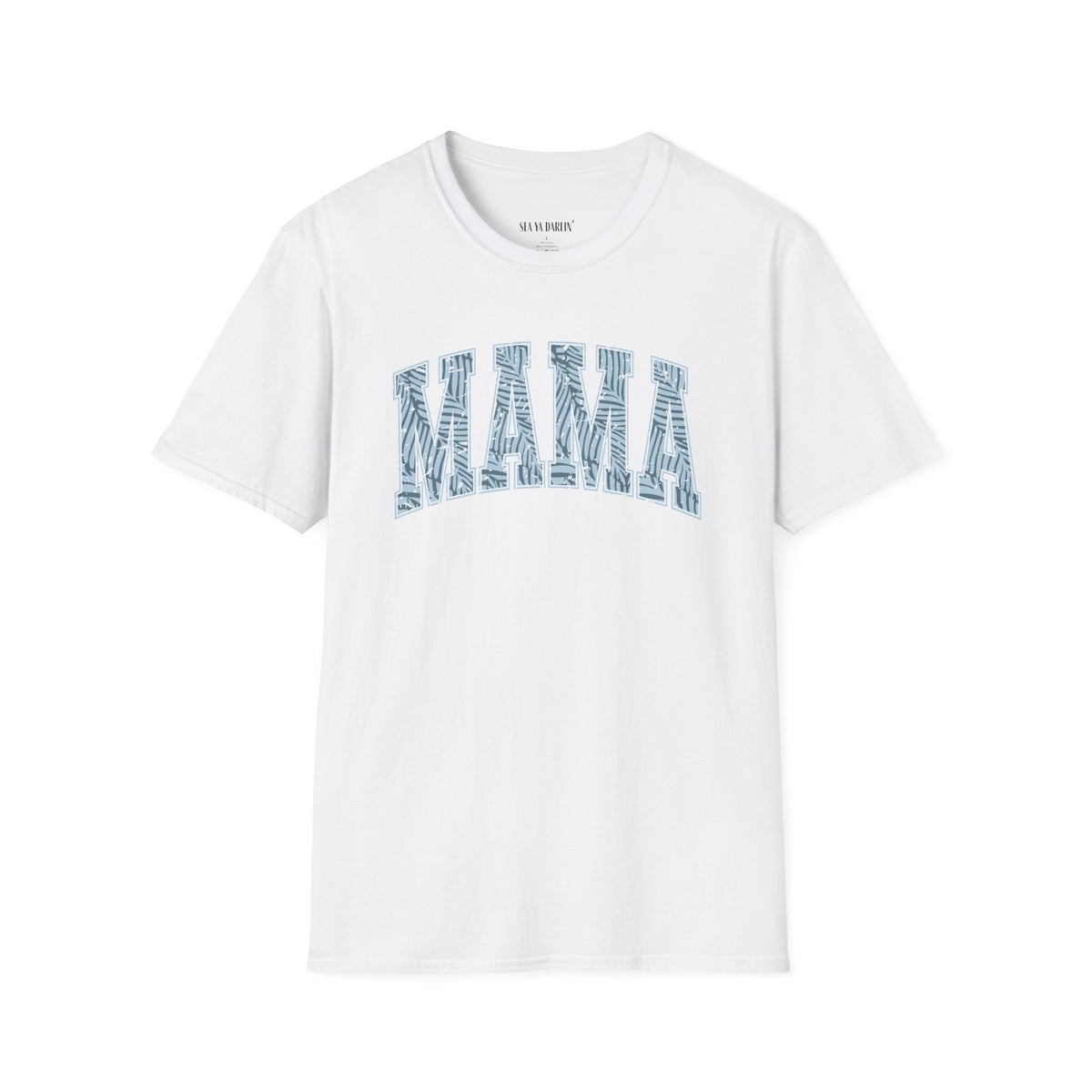 Mama graphic t-shirt with blue tropical leaf lettering