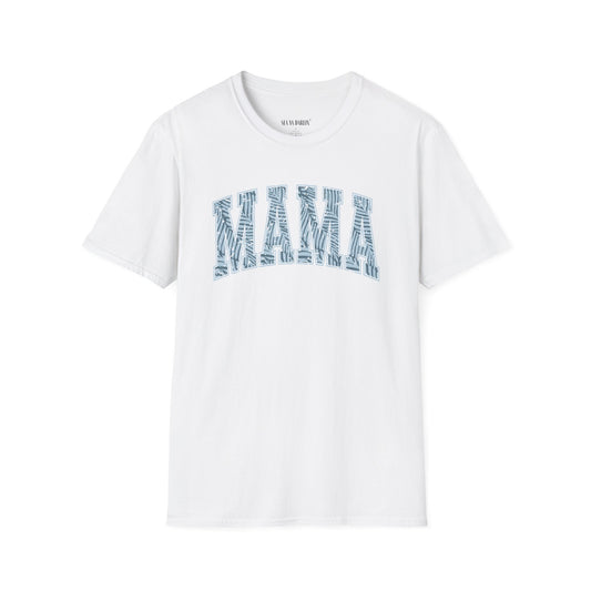 Mama graphic t-shirt with blue tropical leaf lettering