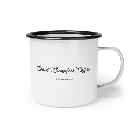 White enamel camping mug with black rim featuring Coast Campfire Coffee in vintage script and Sea Ya Darlin' underneath