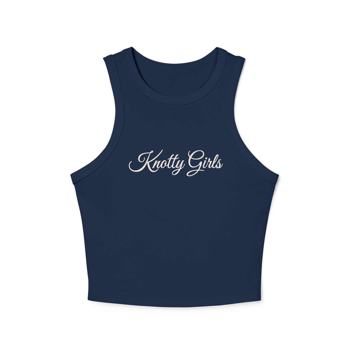 Knotty Girls micro racer tank with navy script lettering.