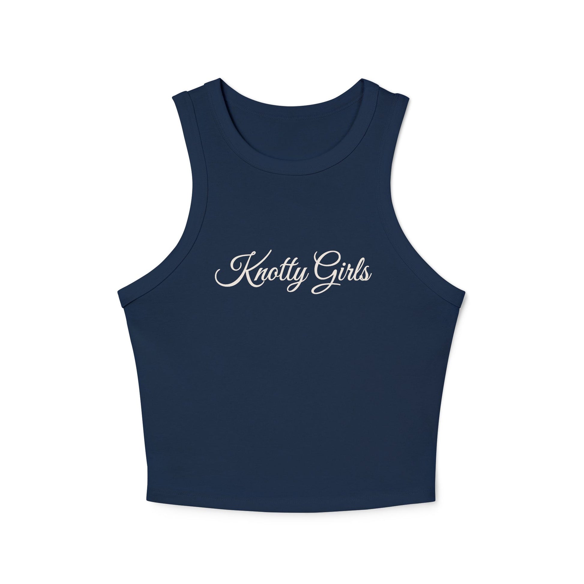 Knotty Girls micro racer tank with navy script lettering.