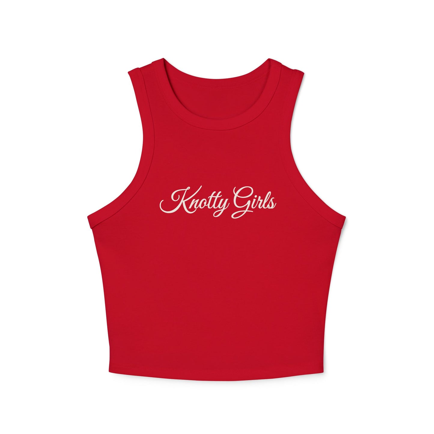 close up of Knotty Girls script design on a red racer tank