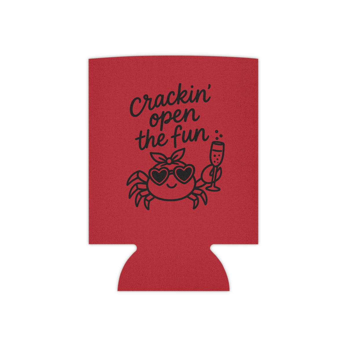 Red can cooler with playful crab wearing heart sunglasses and holding a champagne glass