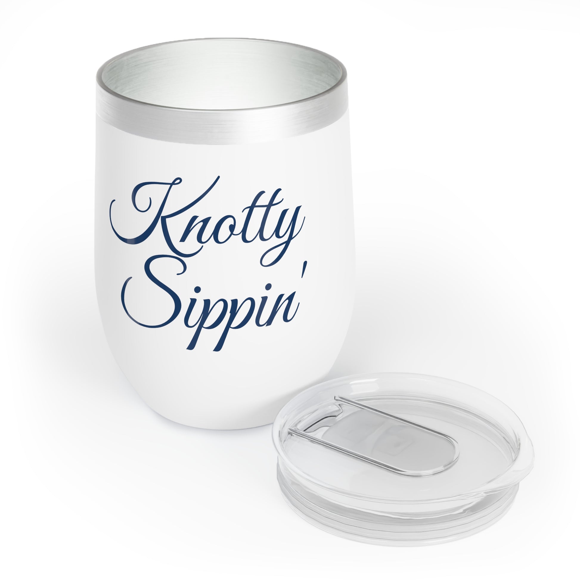 Knotty Sippin' wine tumbler with coastal inspired navy lettering