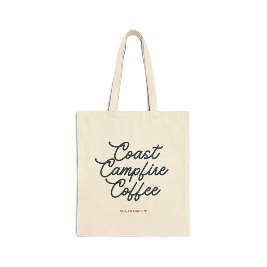 natural canvas tote bag featuring Coast Campfire Coffee in vintadge script with Sea Ya Darlin' underneath