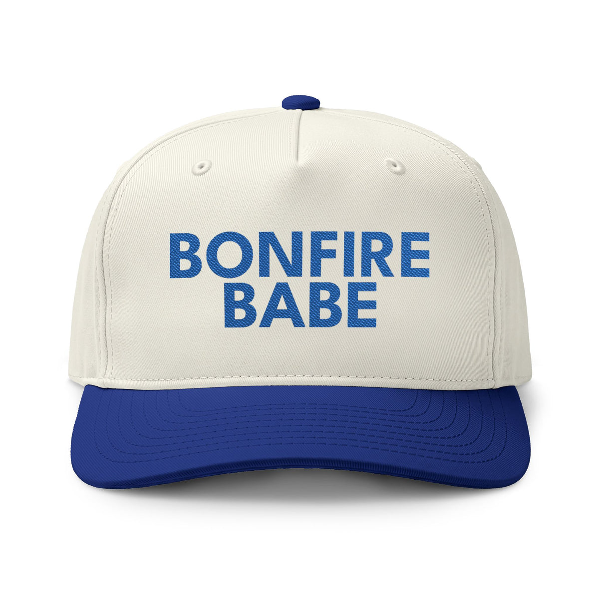 ivory and navy trucker hat with bold Bonfire Babe lettering inspired by Pacific West Coast style.