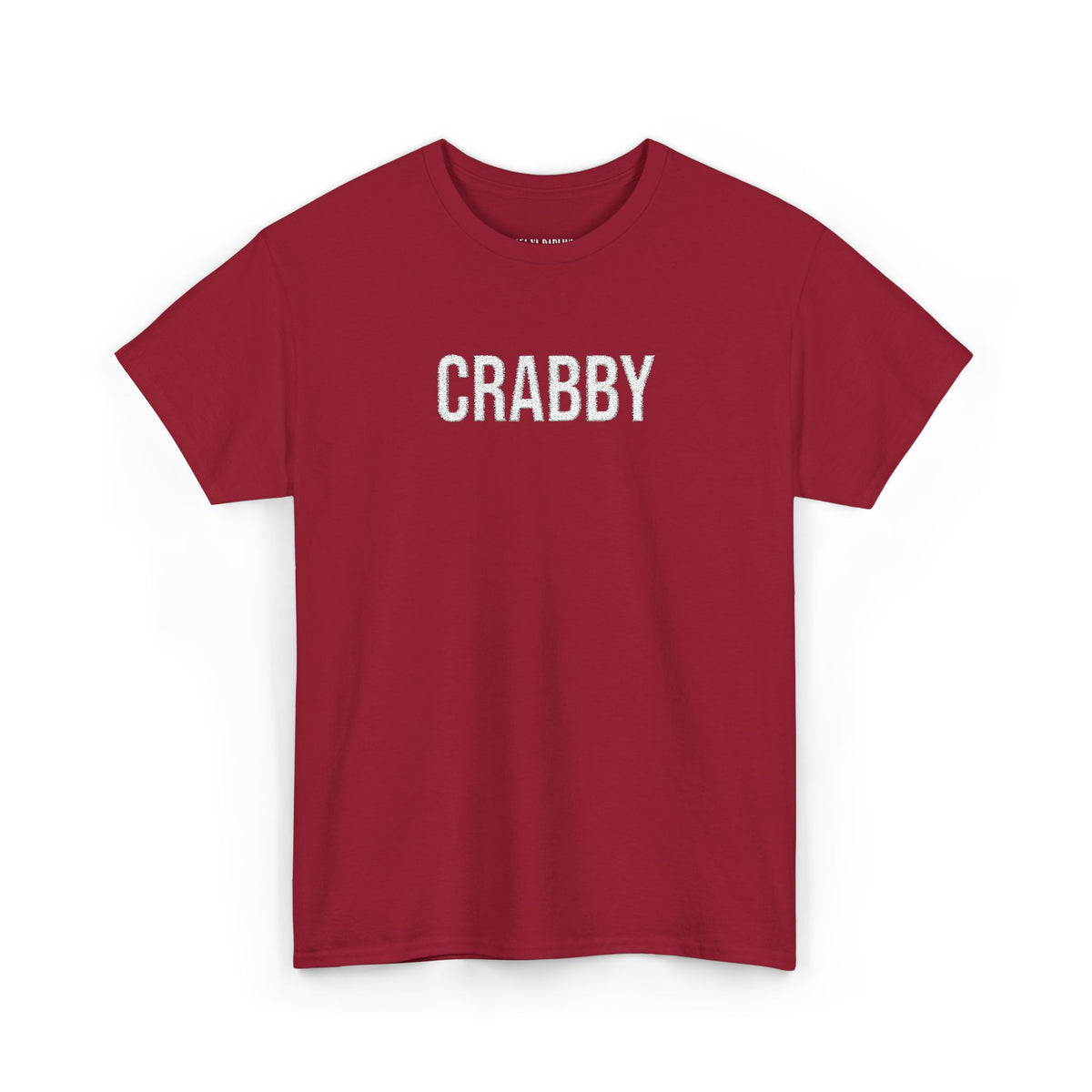Cardinal red t-shirt with bold white “CRABBY” text graphic