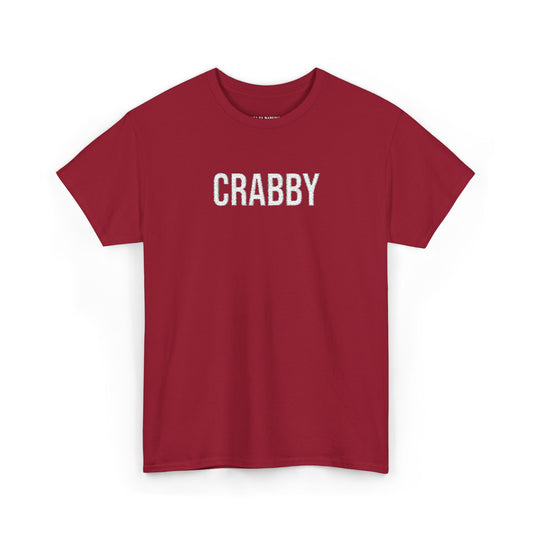 Cardinal red t-shirt with bold white “CRABBY” text graphic